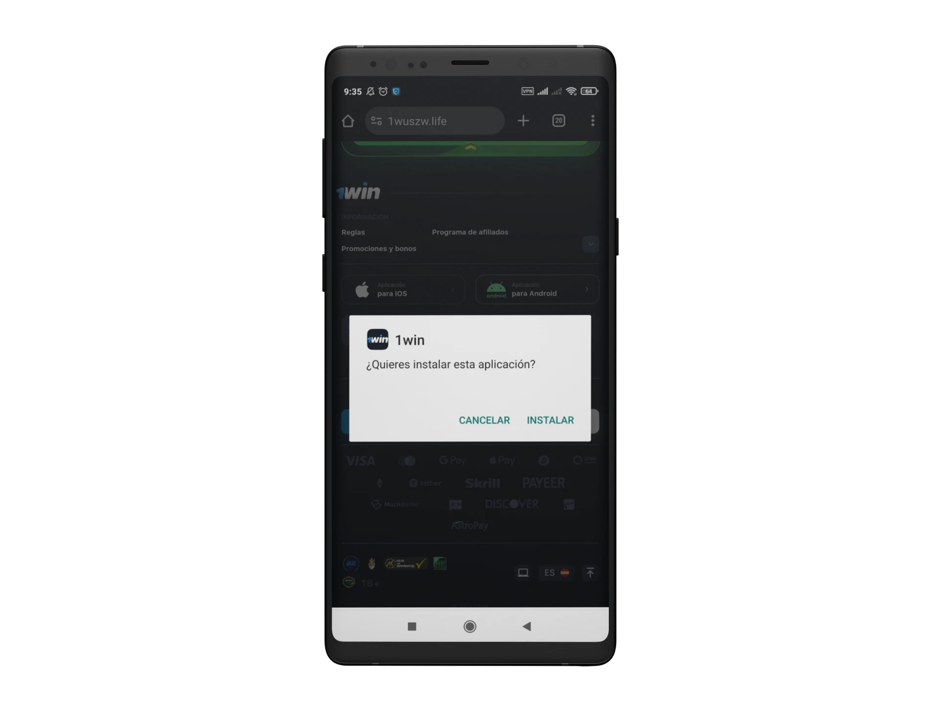 Complete la instalación de la 1win APK en su Android. Después de eso, podrá comenzar a usar el programa.